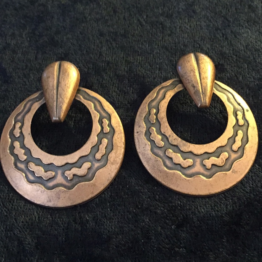 Copper stamped post hoop earrings.